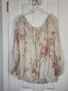 Ambra Italy 100% Silk Floral Crochet Trim Poet Sleeve Boho Blouse Medium